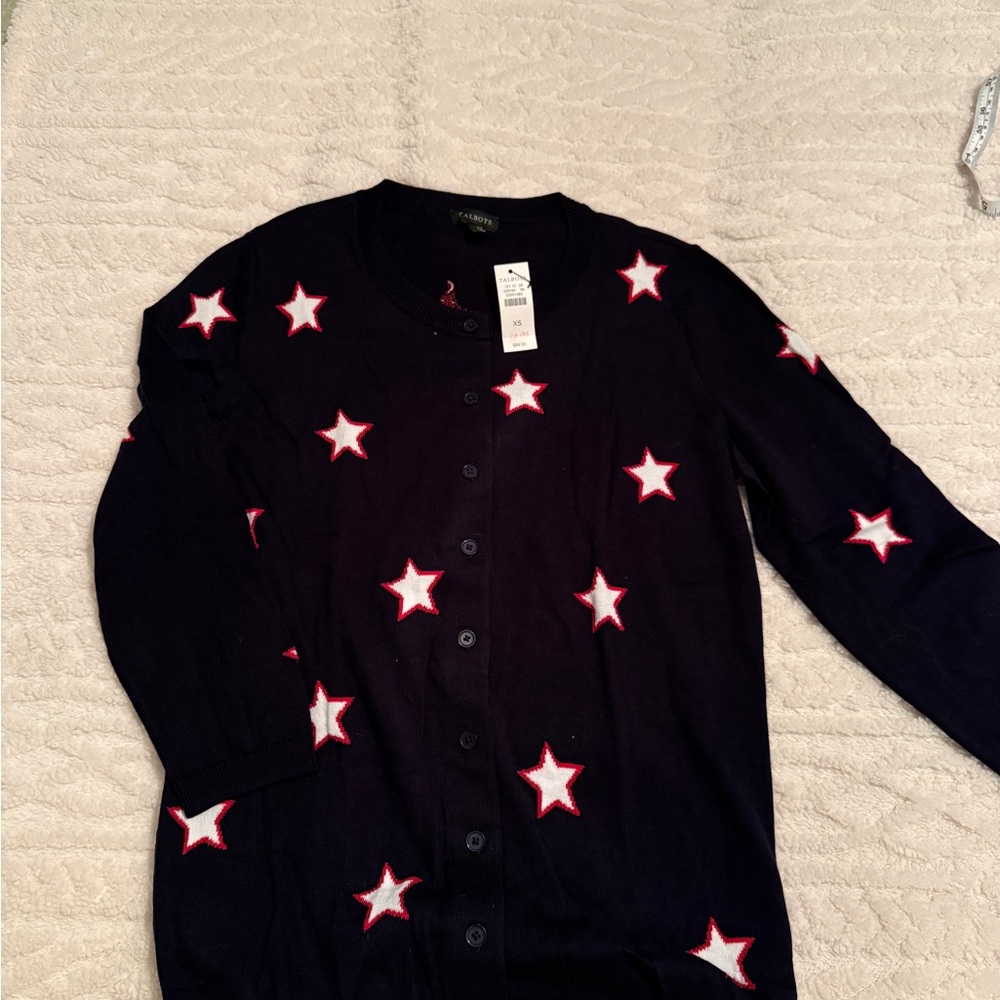 Talbots Women’s BNWT Cardigan XS Classic Peppy Knit Navy Red Stars 4th of July - Picture 5 of 7